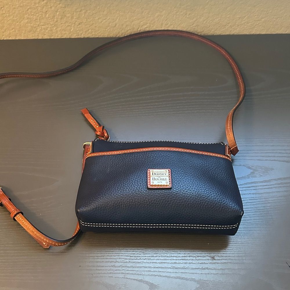 Dooney & Bourke Navy and Brown Pebbled Leather Crossbody Bag Adjustable Strap